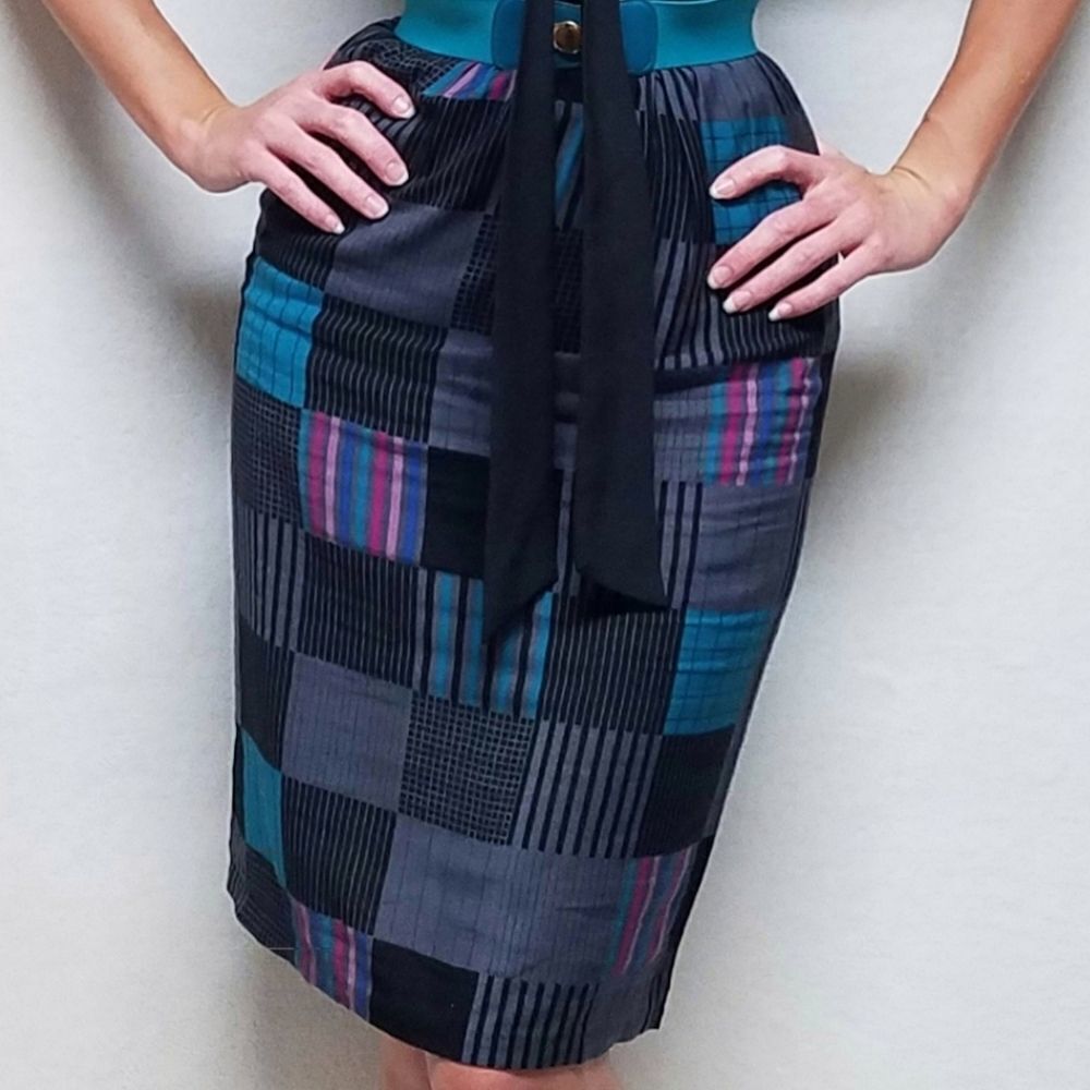 Ms. Interpret Vintage 70s Black Lavallière Patchwork Pencil Skirt Belted Outfit - Picture 4 of 16